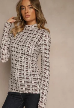 Biało-Brązowa Bluzka Longsleeve z Golfem z Bawełny w Geometryczny Print Zadanevia