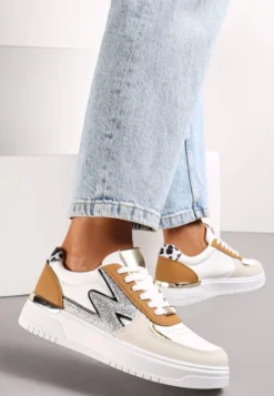 Biało-Brązowe Płaskie Sneakersy z Metalową i Brokatową Wstawką Nebritta