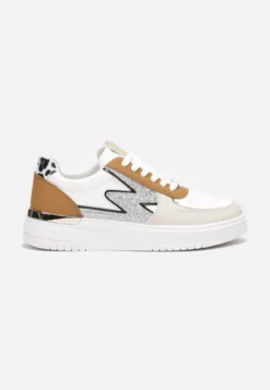 Biało-Brązowe Płaskie Sneakersy z Metalową i Brokatową Wstawką Nebritta