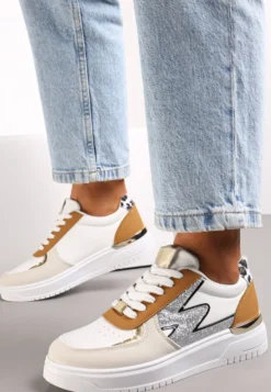 Biało-Brązowe Płaskie Sneakersy z Metalową i Brokatową Wstawką Nebritta