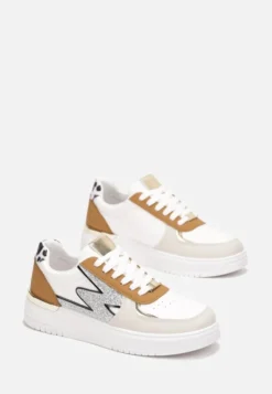Biało-Brązowe Płaskie Sneakersy z Metalową i Brokatową Wstawką Nebritta