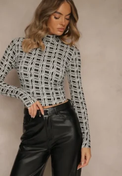 Biało-Czarna Bluzka Longsleeve z Golfem z Bawełny w Geometryczny Print Zadanevia