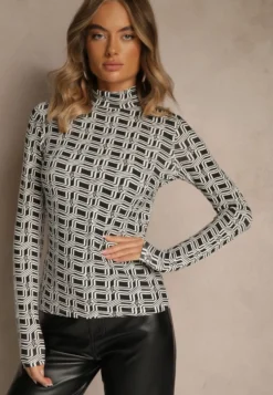Biało-Czarna Bluzka Longsleeve z Golfem z Bawełny w Geometryczny Print Zadanevia