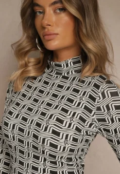 Biało-Czarna Bluzka Longsleeve z Golfem z Bawełny w Geometryczny Print Zadanevia