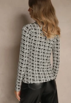 Biało-Czarna Bluzka Longsleeve z Golfem z Bawełny w Geometryczny Print Zadanevia