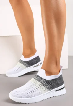 Biało-Czarne Buty Sportowe z Nadrukiem Obmre i Skarpetkową Cholewką Erinevia
