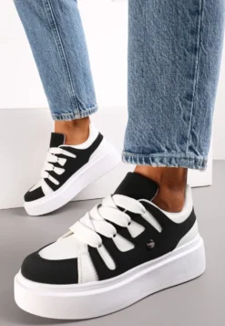 Biało-Czarne Sneakersy na Grubej Podeszwie przed Kostkę Alisis