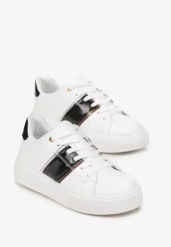 Biało-Czarne Sneakersy na Niskiej Platformie z Metalicznymi Wstawkami Tommu