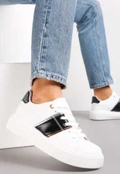 Biało-Czarne Sneakersy na Niskiej Platformie z Metalicznymi Wstawkami Tommu