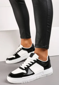 Biało-Czarne Sneakersy na Niskiej Platformie z Brokatem Nuera