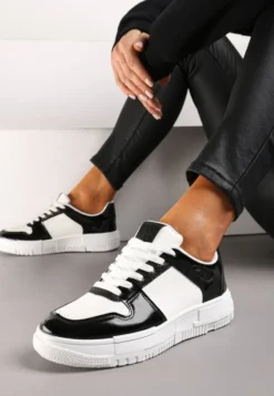 Biało-Czarne Sneakersy na Niskiej Platformie z Brokatem Nuera