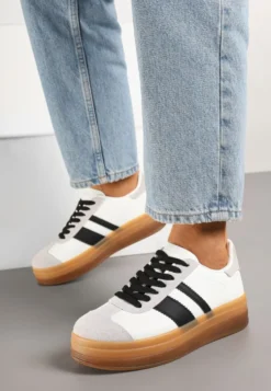 Biało-Czarne Sneakersy na Płaskiej Podeszwie z Ozdobnymi Paskami Velali