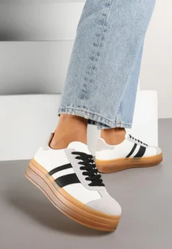 Biało-Czarne Sneakersy na Płaskiej Podeszwie z Ozdobnymi Paskami Velali