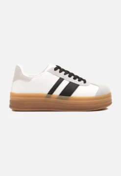 Biało-Czarne Sneakersy na Płaskiej Podeszwie z Ozdobnymi Paskami Velali