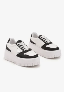 Biało-Czarne Sneakersy na Platformie z Tłoczeniem Halinea