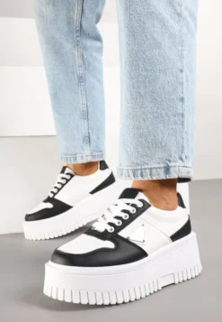 Biało-Czarne Sneakersy na Platformie z Tłoczeniem Halinea