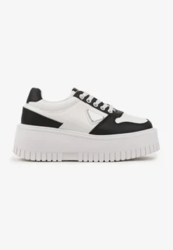 Biało-Czarne Sneakersy na Platformie z Tłoczeniem Halinea