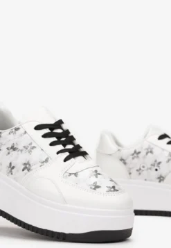 Biało-Czarne Sneakersy na Platformie z Nadrukiem w Kwiaty Chedora
