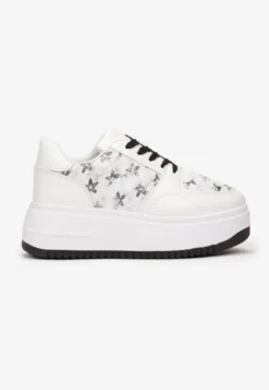 Biało-Czarne Sneakersy na Platformie z Nadrukiem w Kwiaty Chedora
