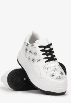 Biało-Czarne Sneakersy na Platformie z Nadrukiem w Kwiaty Chedora