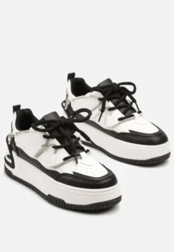 Biało-Czarne Sneakersy na Platformie z Paskiem z Cyrkonii Aneolin