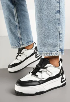 Biało-Czarne Sneakersy na Platformie z Paskiem z Cyrkonii Aneolin