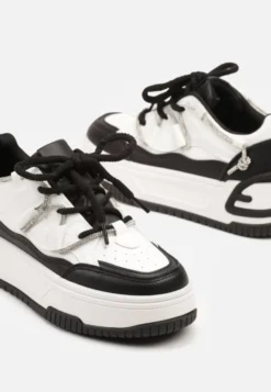 Biało-Czarne Sneakersy na Platformie z Paskiem z Cyrkonii Aneolin