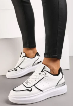 Biało-Czarne Sneakersy na Platformie Ozdobione Brokatem i Metaliczną Wstawką Mexia