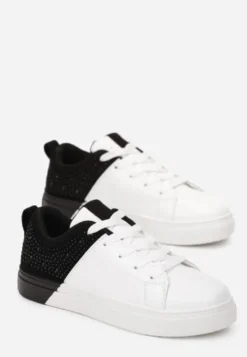 Biało-Czarne Sneakersy Sznurowane na Płaskiej Grubszej Podeszwie z Cyrkoniami Hanuel