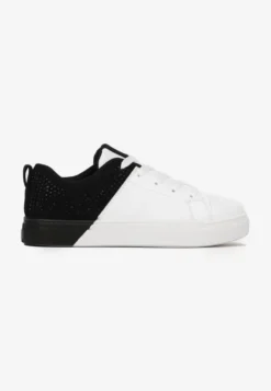 Biało-Czarne Sneakersy Sznurowane na Płaskiej Grubszej Podeszwie z Cyrkoniami Hanuel