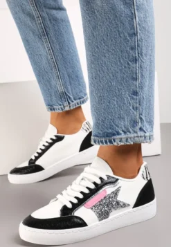 Biało-Czarne Sneakersy z Brokatowymi Wstawkami i Gwiazdką Reniva