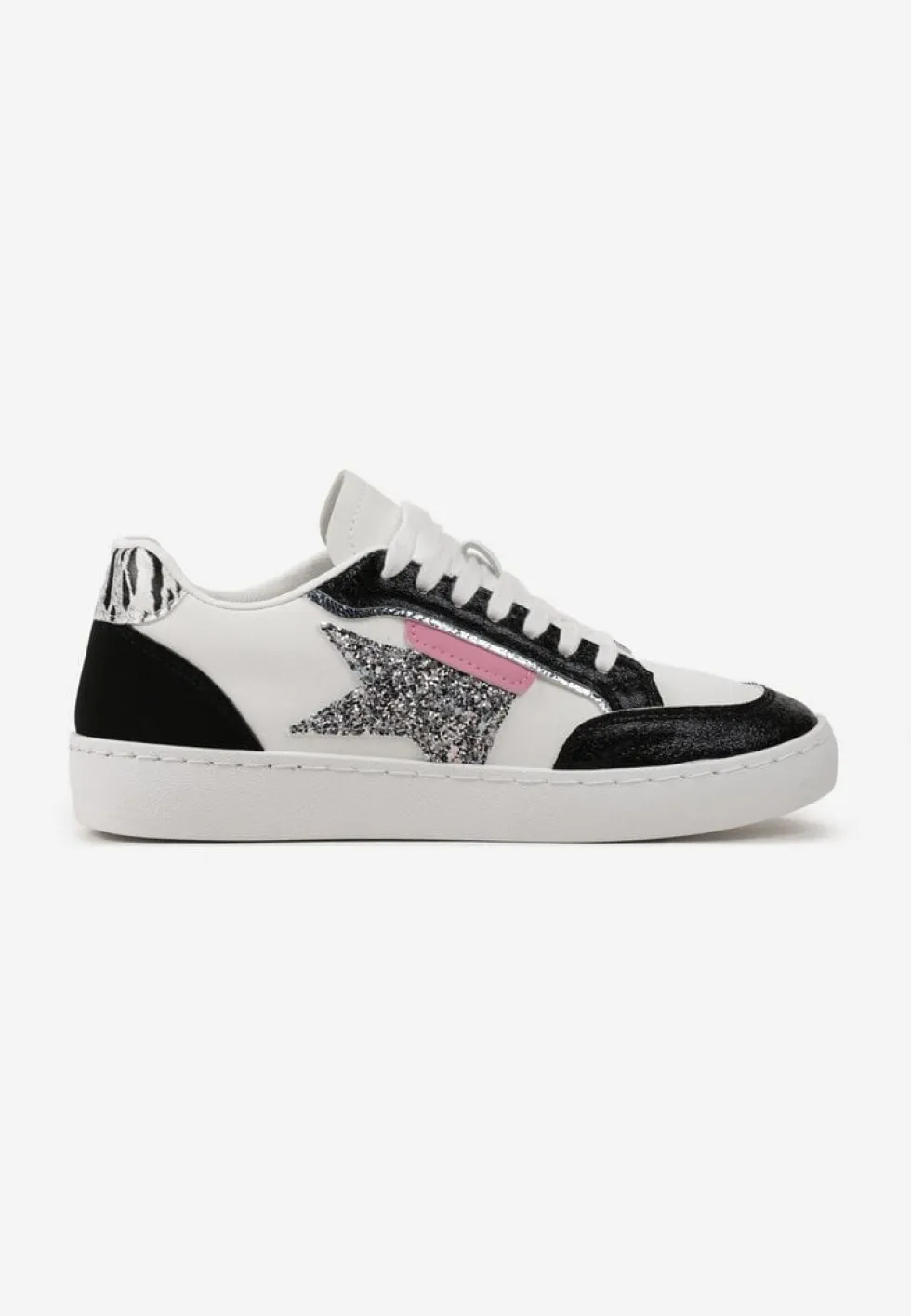 Biało-Czarne Sneakersy z Brokatowymi Wstawkami i Gwiazdką Reniva