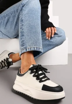 Biało-Czarne Sneakersy ze Skóry Naturalnej z Platformą i Szerokimi Sznurówkami Talthea