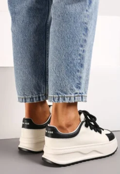 Biało-Czarne Sneakersy ze Skóry Naturalnej z Platformą i Szerokimi Sznurówkami Talthea