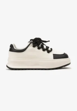 Biało-Czarne Sneakersy ze Skóry Naturalnej z Platformą i Szerokimi Sznurówkami Talthea