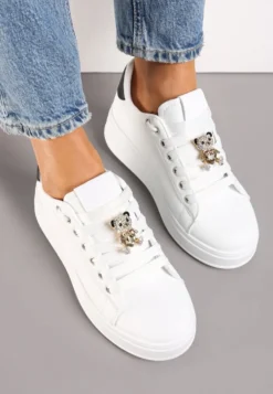 Biało-Czarne Sneakersy z Imitacji Skóry na Platformie z Ozdobą z Cyrkonii Imbercca