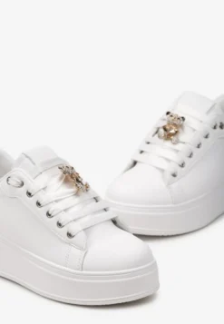 Biało-Czarne Sneakersy z Imitacji Skóry na Platformie z Ozdobą z Cyrkonii Imbercca