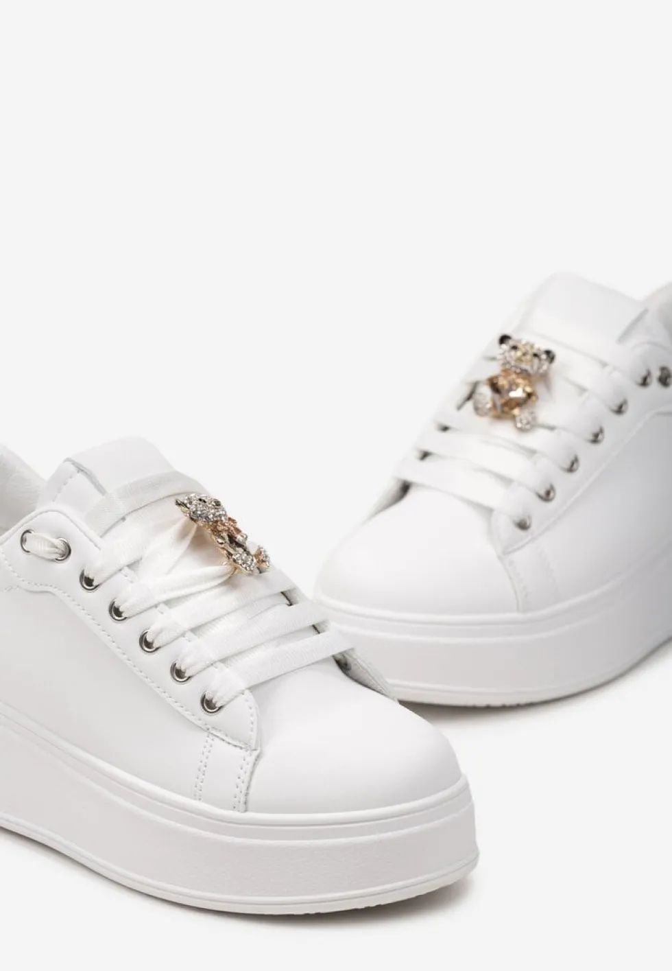 Biało-Czarne Sneakersy z Imitacji Skóry na Platformie z Ozdobą z Cyrkonii Imbercca