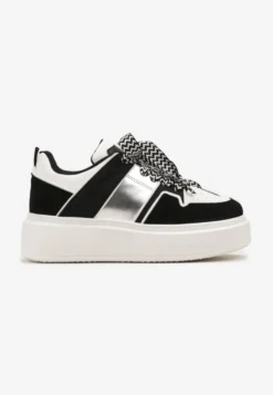 Biało-Czarne Sneakersy z Przeszyciami i Ozdobnymi Sznurówkami na Grubej Podeszwie Timarel