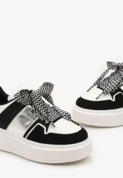 Biało-Czarne Sneakersy z Przeszyciami i Ozdobnymi Sznurówkami na Grubej Podeszwie Timarel