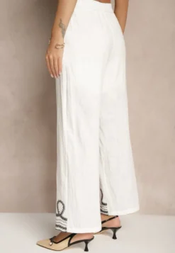 Biało-Czarne Spodnie z Bawełny o Szerokim Kroju High Waist Ozdobione Haftem Fenoriela