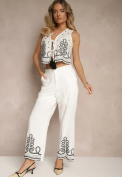 Biało-Czarne Spodnie z Bawełny o Szerokim Kroju High Waist Ozdobione Haftem Fenoriela