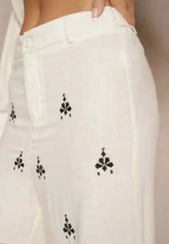 Biało-Czarne Spodnie z Wiskozą i Lnem High Waist o Szerokim Kroju z Haftami Olerina