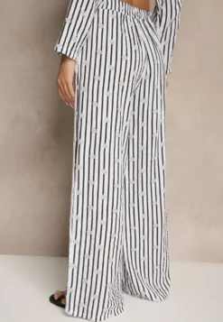 Biało-Czarne Szerokie Spodnie High Waist z Bawełny z Gumką w Talii Ranivaria