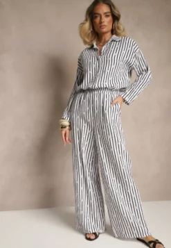 Biało-Czarne Szerokie Spodnie High Waist z Bawełny z Gumką w Talii Ranivaria