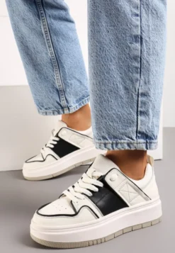 Biało-Czarne Sznurowane Sneakersy ze Skóry z Ozdobnymi Przeszyciami na Niskiej Platformie Glenita