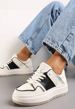 Biało-Czarne Sznurowane Sneakersy ze Skóry z Ozdobnymi Przeszyciami na Niskiej Platformie Glenita