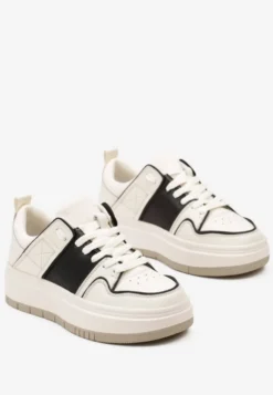 Biało-Czarne Sznurowane Sneakersy ze Skóry z Ozdobnymi Przeszyciami na Niskiej Platformie Glenita