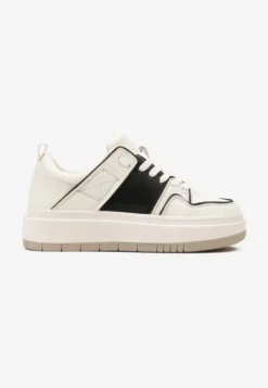 Biało-Czarne Sznurowane Sneakersy ze Skóry z Ozdobnymi Przeszyciami na Niskiej Platformie Glenita