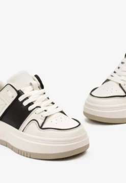 Biało-Czarne Sznurowane Sneakersy ze Skóry z Ozdobnymi Przeszyciami na Niskiej Platformie Glenita